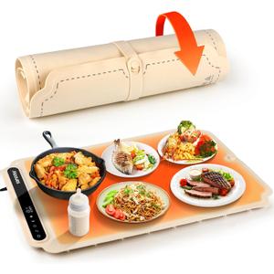 Warming mat for Food, Food Warmer Mat, Portable Silicone Food Warming Mat, Versatile Full Surface Heating Food Warmer with 7 Level Temperature and 6 Hours Timer for Home Dinner (Cream Color)