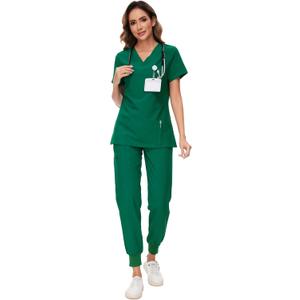 COZYFIT Scrubs for Women Set - Stretch V-Neck Scrub Top & Jogger Pant with 8 Pockets (Medium, Hunter Green)