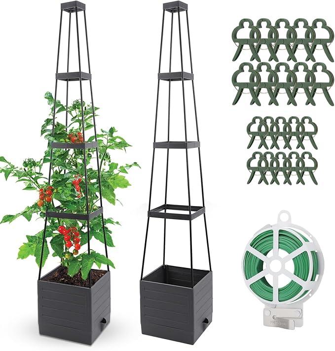 Qaobo 2 Pack Raised Garden Bed, Planter Boxes with Trellis 58.3'' Tomato Planters for Climbing Vine Vegetables Flowers Plants Self Watering Tomatoes Cage for Outdoor Patio Greenhouse