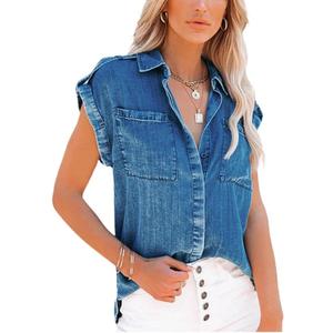 chouyatou Women's Casual Distressed Button Down Sleeveless Denim Jean Shirt Tops (Medium Blue)