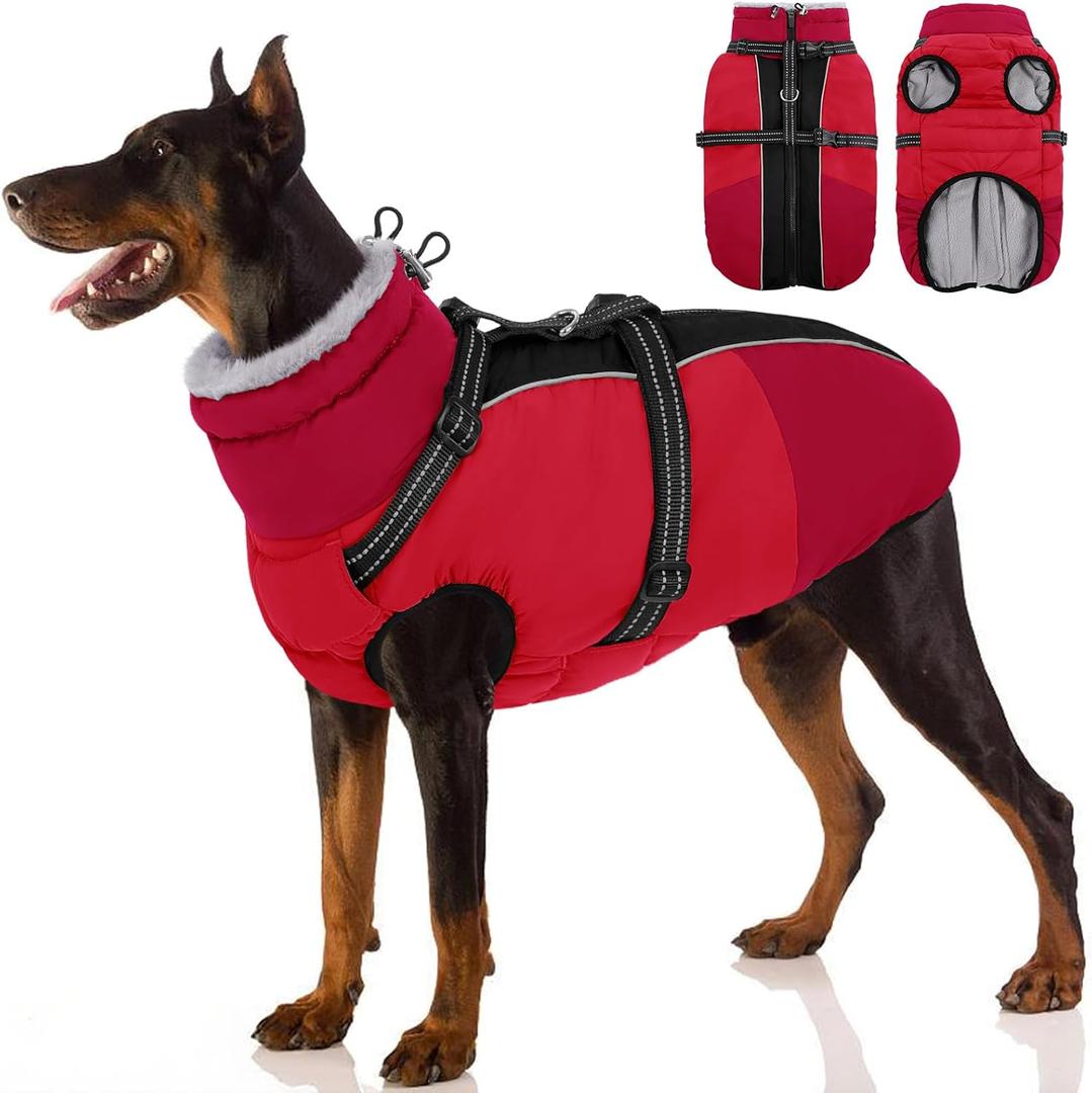 Large Dog Coat with Harness Built in, Warm Dog Jacket Waterproof Pet Winter Coat Snowsuit for Cold Weather, Reflective Fleece Jacket for Large Dogs, Border Collie, Red XL