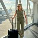 Casly Lamiit 2 Piece Lounge Sets for Women Summer Outfits Travel Airport Henley Sweatsuit Casual Wide Leg Crop Pants 2026 (Green, XL)