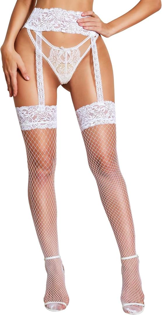 RSLOVE Fishnet Stockings for Women - Sexy Thigh High Fishnets High Waist Garter Belt Silicone Suspender Pantyhose (White)