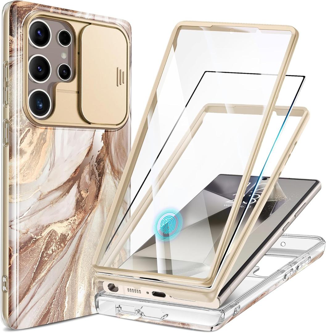 GVIEWIN for Samsung Galaxy S24 Ultra Case, [Slide Camera Cover & Built-in Screen Protector] [2 Front Frame] Military Grade Shockproof Marble Phone Case for S24 Ultra 6.8" (Topaz/Gold)