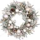 24 inch Christmas WreathSnow Flocked Pine Wreaths for Front Door with Silver Ball Artificial Holiday Wreath with Glitter Leaves for Home Indoor/Outdoor Porch Decor(Silver Ball)