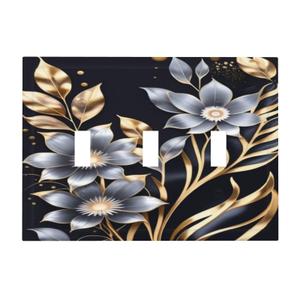 Decorative Art Light Switch Covers Gold Silver Blooms 3 Gang Triple Toggle Wall Plate Decorative Switch plate Electrical Faceplate for Home Decor