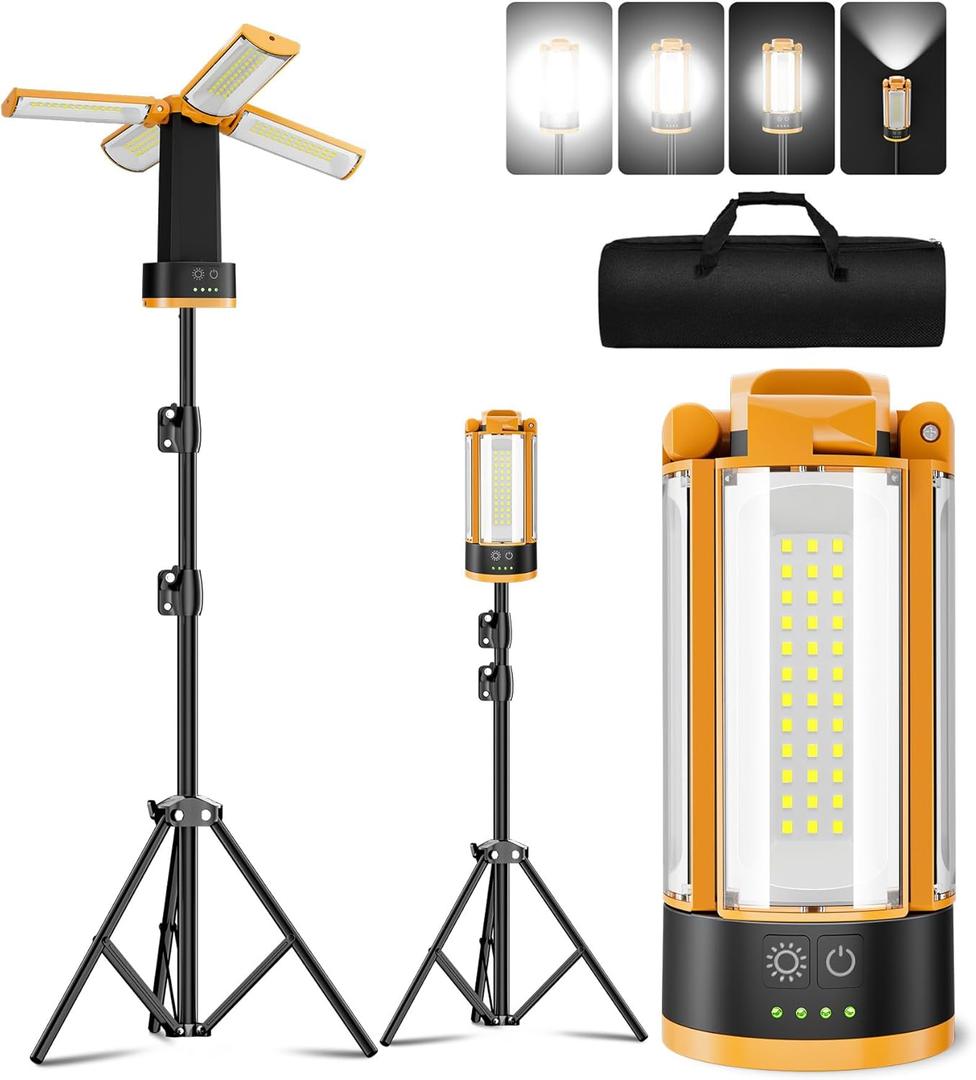 T-SUN Rechargeable Work Light with Stand, 10400mAh Camping Light with Detachable Tripod, Cordless Portable LED Work Lights 4100 Lumens with 4 LED Lamp Heads, Magnetic Emergency Flashlight