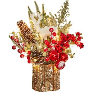 Xmas Decor Small Christmas Tree with Lights - Artificial Tabletop Lighted Mini Christmas Tree with Christmas Ornaments Gnomes Indoor for Office Desk Home Decorations (Stump-red)