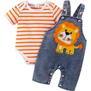 Baby Boy Clothes Newborn Striped Romper Summer Outfits + Infant Cartoon Animals Jeans Suspender Overalls 0-18 Months (Orange)
