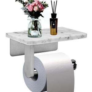 Toilet Paper Holder with Natural Marble Shelf for Bathroom Washroom,Wall Mounted Tissue Holder Suitable for Mega Roll (Brushed Nickel,Small 6.7 * 4.3 in)