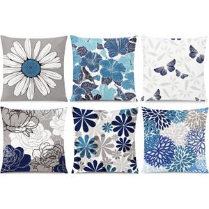 COMMINY Blue Grey Pillow Covers 16x16 Set of 6 Decorative Daisy Flower Throw Pillow Cover for Couch Modern Farmhouse Cushion Pillow Case for Living Room Patio Home Decor