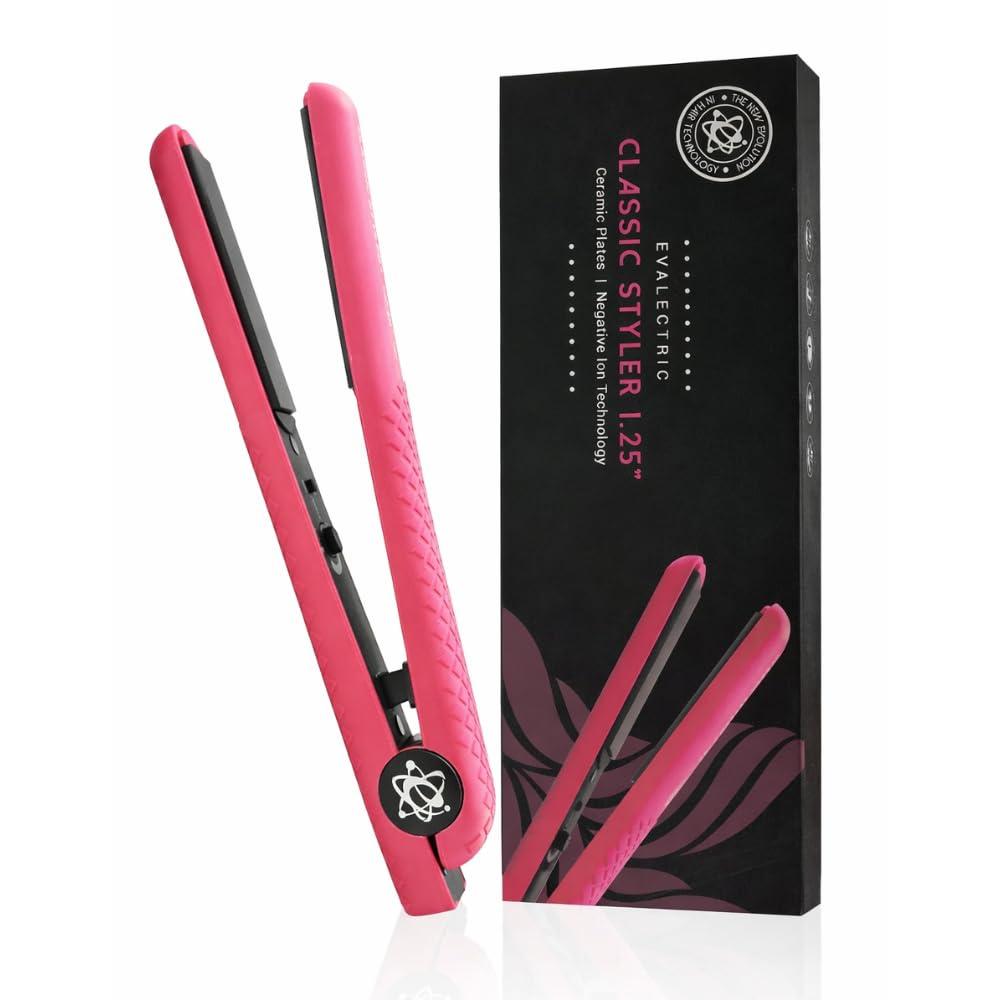Evalectric Classic Styler Hair Straightener - 1.25" Ceramic Flat Iron with Floating Plates - Dual Voltage Hair Straightener - Negative Ion Technology - Travel Friendly - Pink