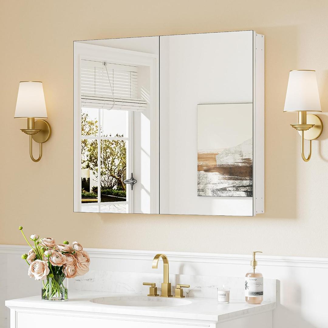 Keonjinn 30 x 26 Inch White Medicine Cabinet Mirror, Assembly Needed, in Wall Medicine Cabinets for Bathroom, Lightweight, Adjustable Shelves, Tempered Glass, Soft Closing, Recessed or Wall Mount