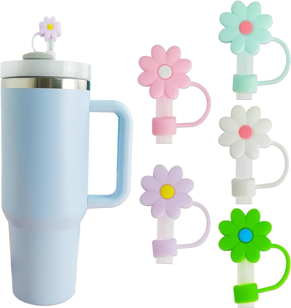 5 PCS Silicone Straw Covers Cap Compatible with Stanley 30&40 Oz Cup, 10mm Cute Flower Straw Toppers for Tumblers, Dust-Proof Drinking Straw Caps for Reusable Straws Tips Lids
