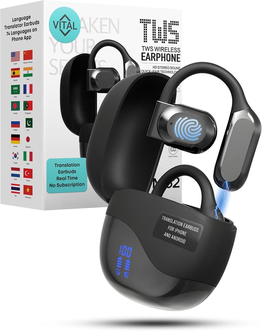 Vital Translation Earbuds Real Time Language Translator Earbuds Vital Translate Buds Into 74 Languages 70 Accents | Bluetooth 5.3 Open-Ear | Noise Isolation | 78H Battery Music, Calls