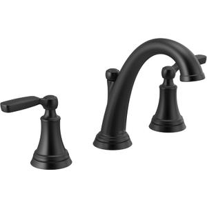 Delta Woodhurst Matte Black Bathroom Faucet 3 Hole, 8 Inch Widespread Bathroom Sink Faucet for Vanity, Metal Push-Pop Drain Assembly, Matte Black 3532LF-BLMPU