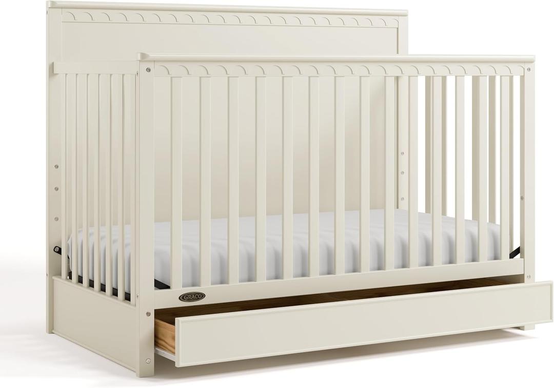Graco Sasha 5-in-1 Convertible Crib with Drawer (Frosted Oat)  GREENGUARD Gold Certified Wood Crib, Converts to Toddler Bed, Daybed, Full-Size Bed, Stylish Classic Design