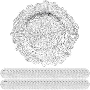 24 Pack Black Charger Plates Bulk, 13" Plastic Reef Chargers for Dinner Plates, Round Charger Plate with Floral Reef Design for Dinner Wedding Party Table Setting Decoration