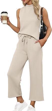 Sampeel Two Piece Set for Women Summer Outfits Vacation Trendy Lounge Sets Mock Neck Matching Sets Women Clothing Wide Leg Crop Pants Set Travel Airport Sweat Set Beige M