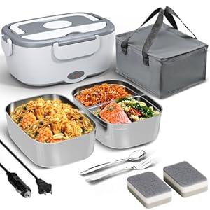 Heated Lunch Box for Men&Women - 80W Electric Lunch Box for Adults with Dual 1.5L 304 Stainless Steel Containers Fast Heating Portable Food Warmer for Car&Truck Travel lonchera electrica