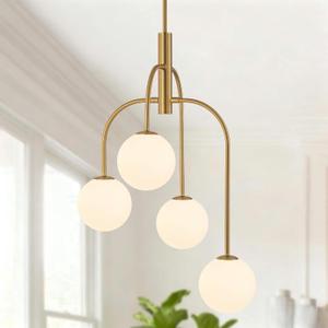 LamQee 4 Lights Mid Century Modern Chandelier, Milk Glass Globe Chandelier Light Fixture with Gold Metal & White Ball, Large Pendant Lighting Ceiling Hanging for Dining Room Kitchen Island Entryway