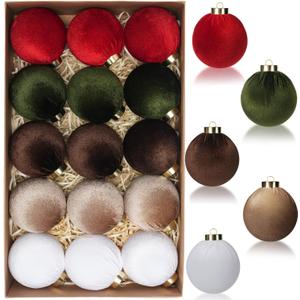 Christmas Tree Ornaments Velvet Balls, 15 Pack 3.15 Inch Shatterproof Neutral Hanging Ornaments for Christmas Xmas Decoration Indoor Holiday Decorations (Mix Color)