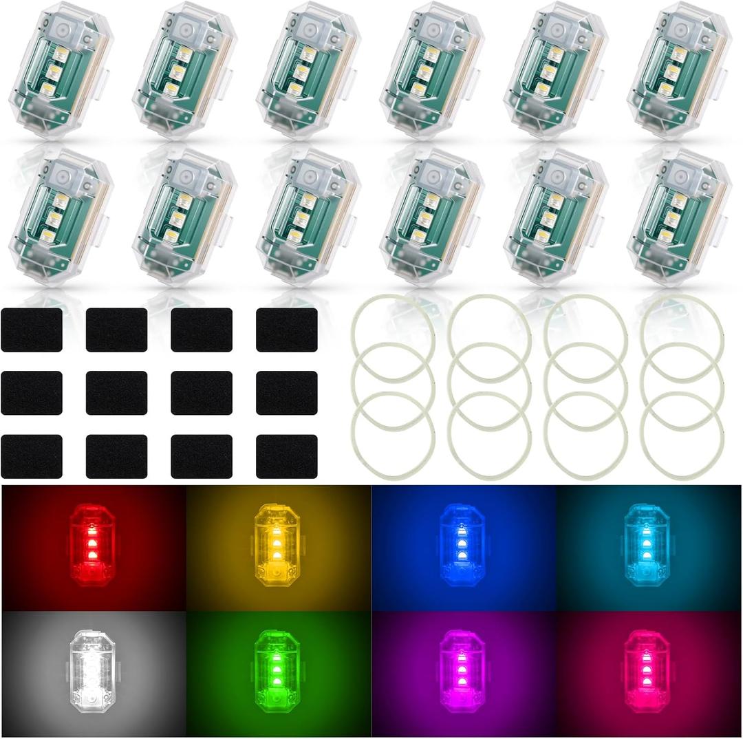 Xuhal 12 Pcs Wireless LED Strobe Lights with Remote Control 8 Colors RGB High Brightness Waterproof Anti Collision USB Emergency Warning Lights for Car Motorcycle Truck Rc Aircraft Bike