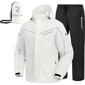 Rain Suit for Men, Packable Waterproof Rain Jacket & Pants, Reflective Raincoat Rain Gear for Outdoor Golf Hiking Fishing (Large, White)