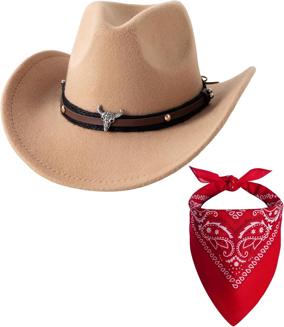 Jastore Kids Western Hats Boys Girls Cowboy Leather Buckle Felt Cowgirl Hat with Cowboy Red Bandanas (1-3T, Camel)