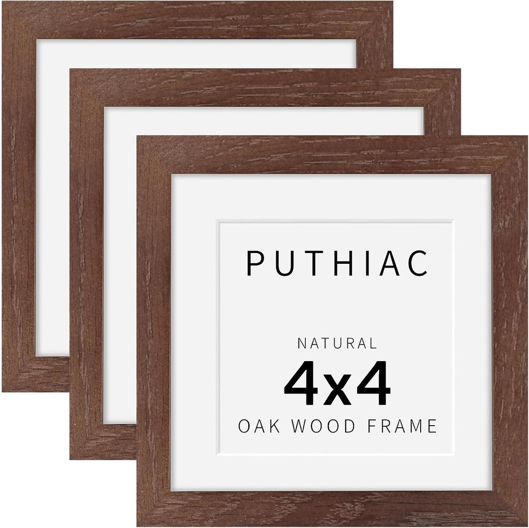 puthiac 4x4 Solid Oak Wood Picture Frame, Fits 3x3 with Mat or 4x4 Without Mat, Wall or Tabletop Display with Stand, Plexi Front, 3 Pack, Walnut