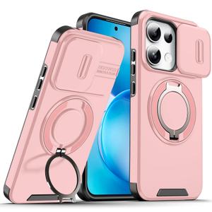 for Oppo Reno 16 Case with Slide Camera Cover and Rotating Kickstand Ring, Slim Magnetic Shockproof Accessories Phone Case for Oppo Reno 16，Rosa
