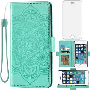 Asuwish Compatible with iPhone 5S 5 SE 2016 5SE Wallet Case and Tempered Glass Screen Protector Flip Card Holder Cell Phone Cover for iPhone5 iPhone5s iPhoneSE iPhone6se i 6SE iPhone5se Women Green