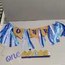 1st Birthday Boy Decorations with Burlap Highchair Banner, Cake Topper, Blue Hat Crown for Happy First Birthday Party Decoration Supplies
