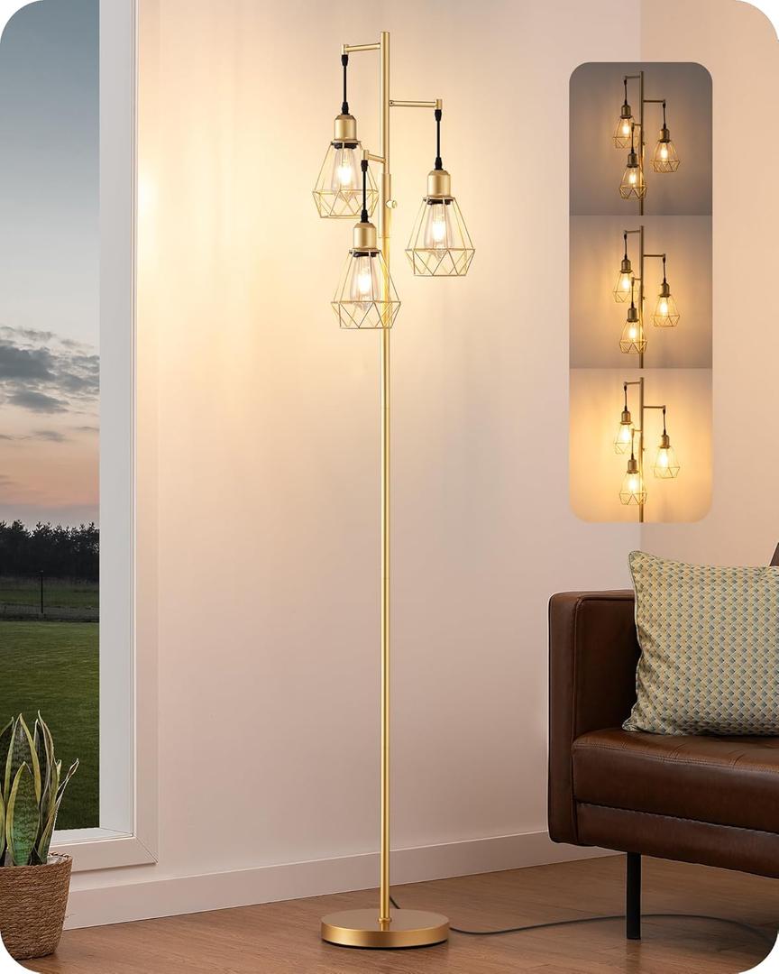 EDISHINE 70'' Dimmable Industrial Floor Lamp, Farmhouse Standing Lamps Diamond-Shaped Lampshade, 3 LED Edison Bulbs Included, Farmhouse Rustic Floor Lamps for Living Room, Bedroom, Office, Gold