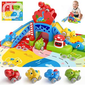 Toddler Toys for 1 2 Year Old Boy Gifts - Educational Dinosaur Slide Set with 4 Color/Number Push Cars and Playmat, Montessori Learning Toy for Baby 12-18 Months, 1st Birthday Present Ages 1-2, Red