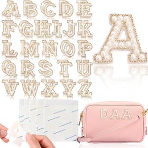 52PCS 2Set A-Z Bling Pearl Rhinestone Letter Patches W/Self Adhesive, Glitter Alphabet Appliques Initial Stickers Decorative for DIY Craft Clothes Bags Hats Phone Backpacks Shoes (White Gold)