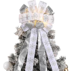 Zeyune Christmas Tree Topper 12 x 45 Inches Large Christmas Bows LED Lights Glitter Satin Mesh Streamer Snowflake Ribbon Decorative Bows for Xmas Tree Decorations Gifts(SilverWhite)