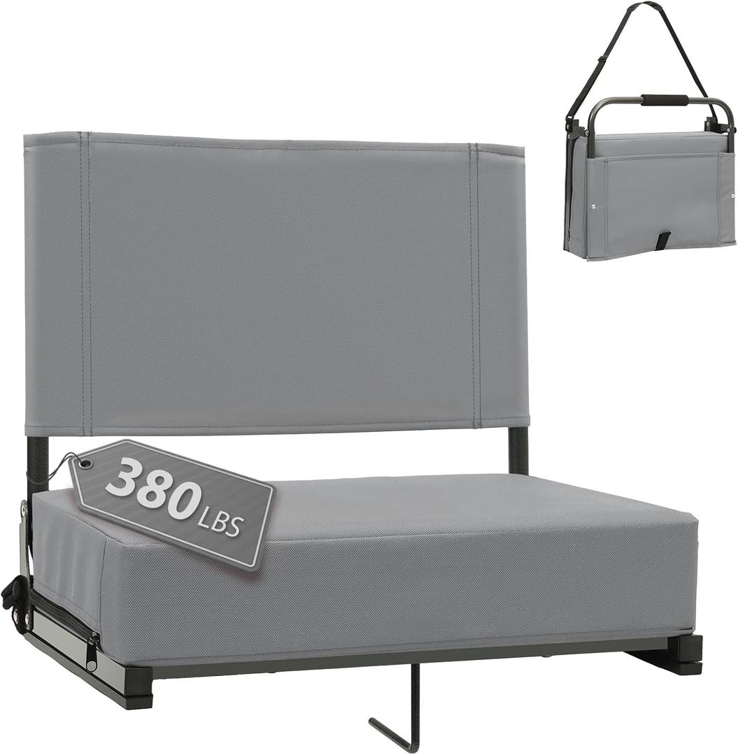 Stadium Seats with Back Support - Padded Portable Bleacher Seat with Handle Shoulder Strap - 18.4in Wide Bleacher Chair with Back and Cushion for Sports & Outdoor Events Grey