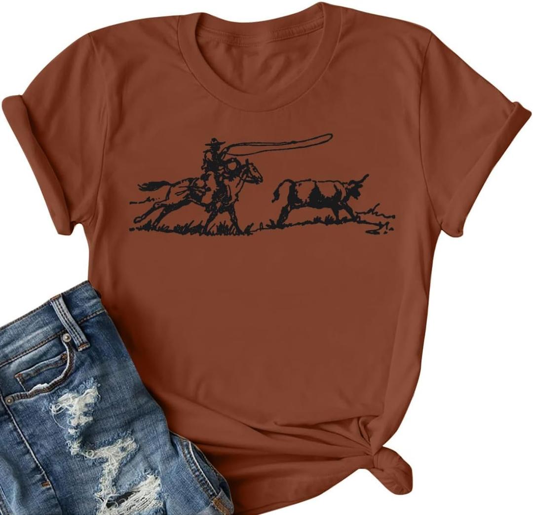 Retro Rodeo Shirt Women Cowgirl Bleached T Shirt Western Cowboy Rodeo Outfit Country Music Tee Short Sleeve Top (Brown, XL)