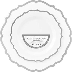4x Contemporary Silver Plate Combo, 32-Pack - Includes 16 Lunch Plates (7.5") & 16 Dinner Plates (10.5") - Premium Quality, Elegant Design, Ideal for Parties & Special Occasions