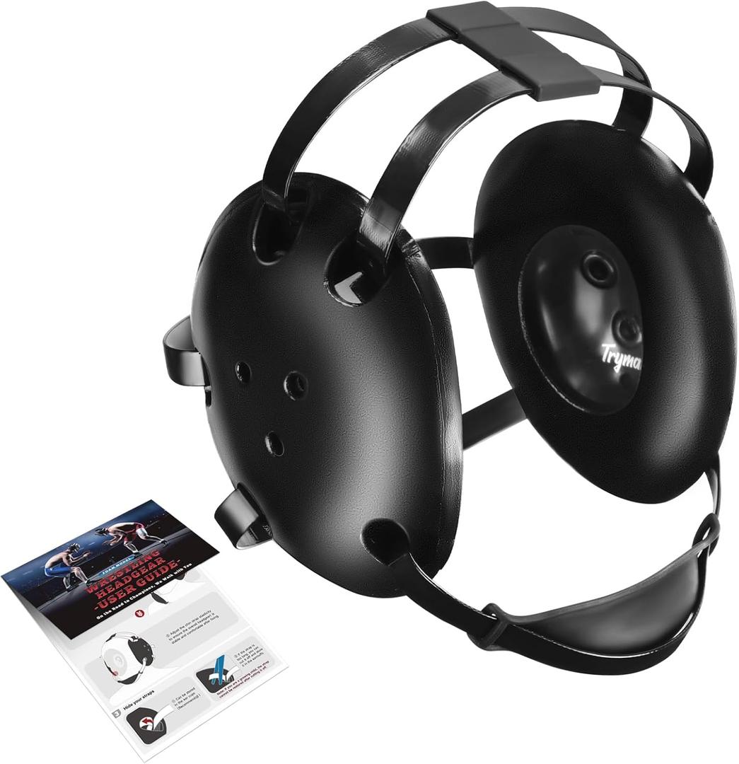 Trymaker Wrestling Headgear, Youth Wrestling Head Gear with Chin Cup, Sorf Ear Guard for MMA, Jiu-Jitsu (for Users Age 10+) (Black Headgear & Black Strap)