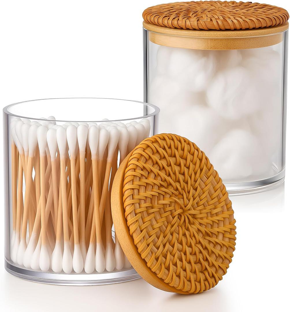 2 Pack Cotton Ball Holder Cotton Pad Holder with Rattan Lids Bathroom Container 10 oz Clear Plastic Apothecary Jar Containers Vanity Canisters Jars Accessories Set for Floss