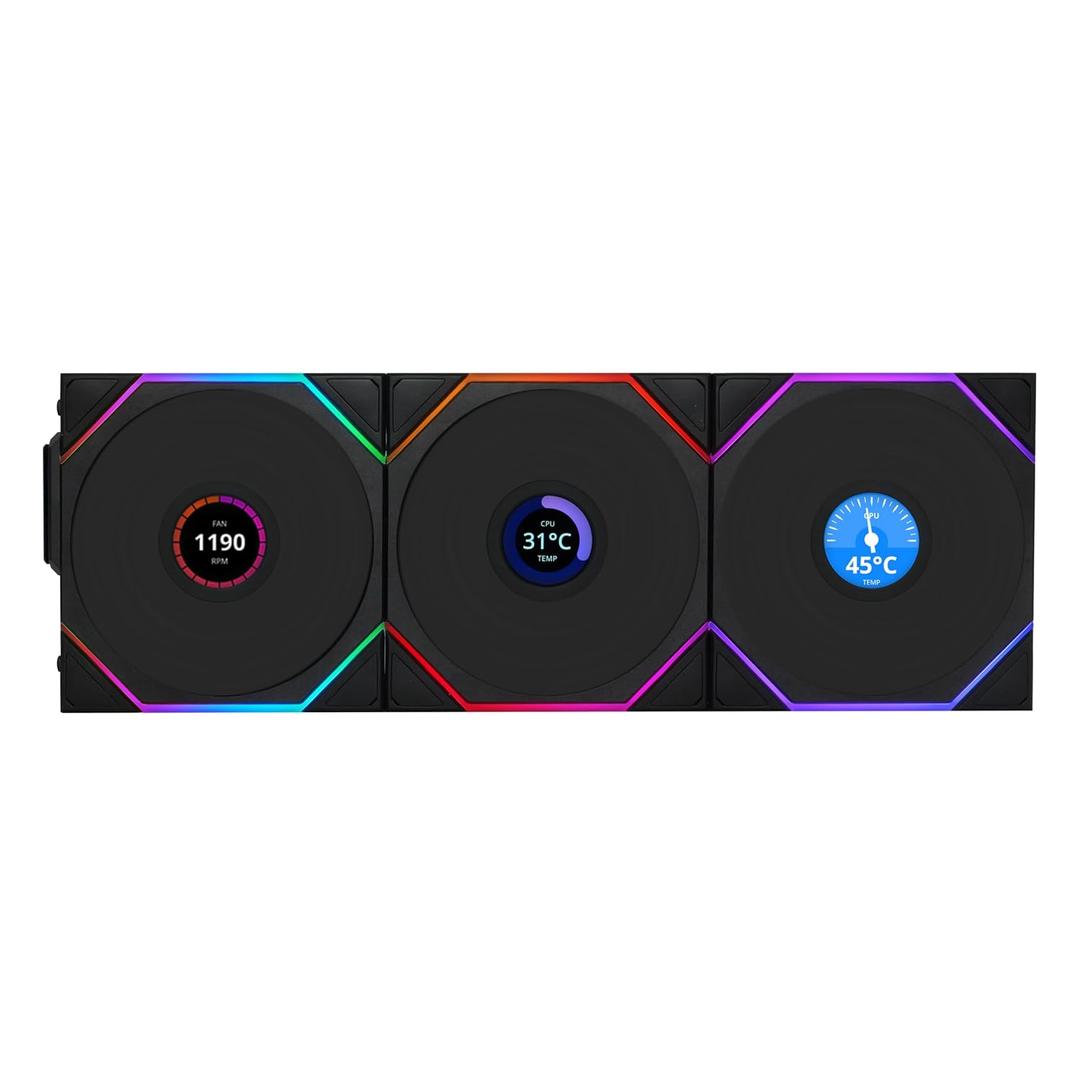 Lian Li UNI Fan TL LCD Wireless 120-Triple Pack-2.4 GHz Wireless Signal ARGB Fan-Infinity Mirror-Daisy-Chain Design-Customizable Lighting Effects-Controller Included & Required - Black (12TLLCD1W3B)