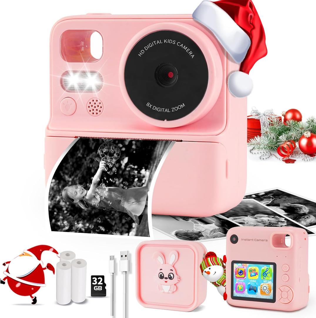 Kids Camera Instant Print with Silicone Cover, Dual Front and Rear Digital Cameras Toy for Toddler, Birthday for Boy Girl 3 4 5 6 7 8 9 10 11 12 Years Old (Pink)