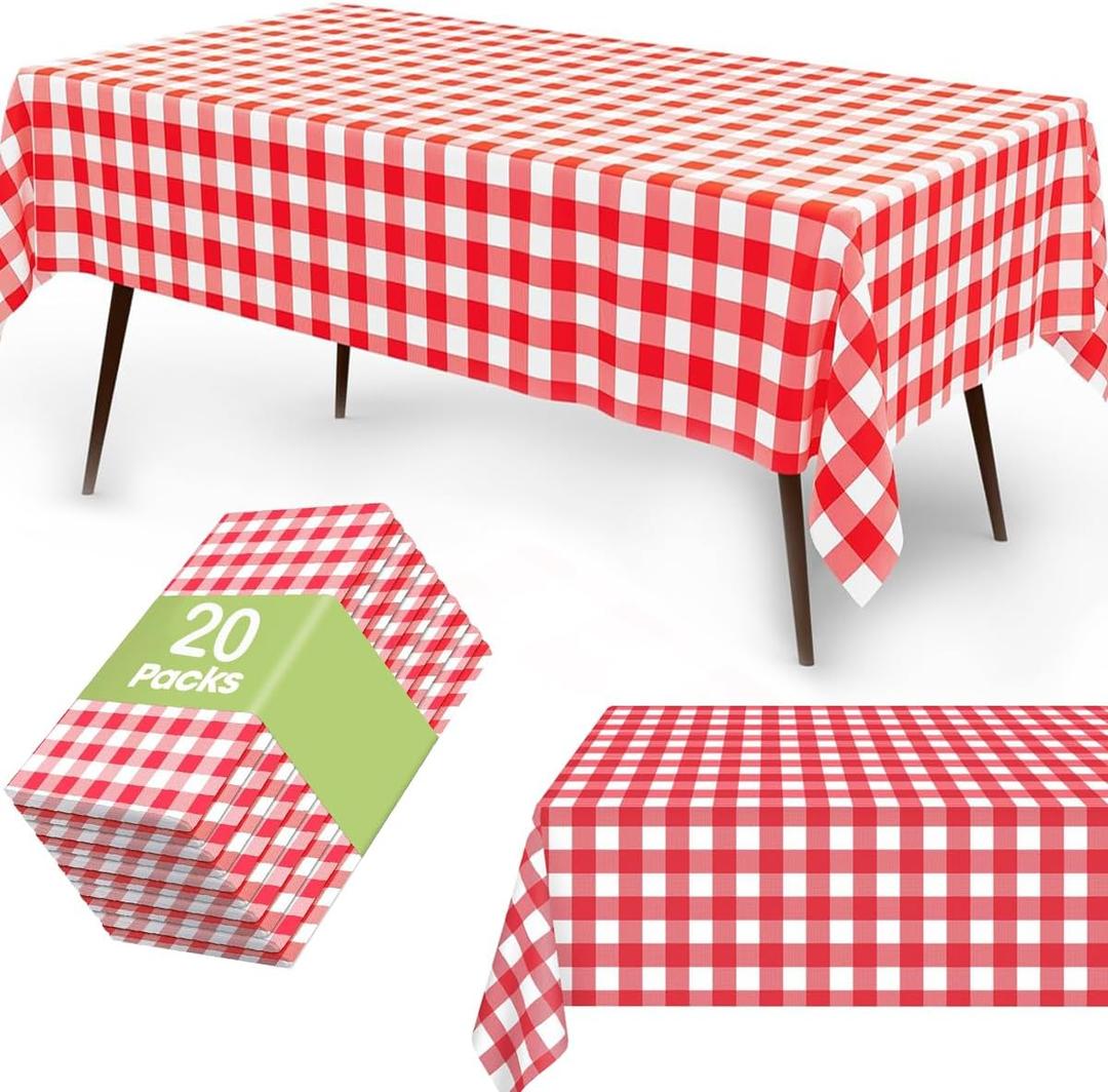 20 Pack Rectangular Tablecloth, Red and White Checkered Pattern, 55 x 103 inches, Disposable Plastic Table Covers for Parties, Outdoor, Restrant and Home (20 Pack)