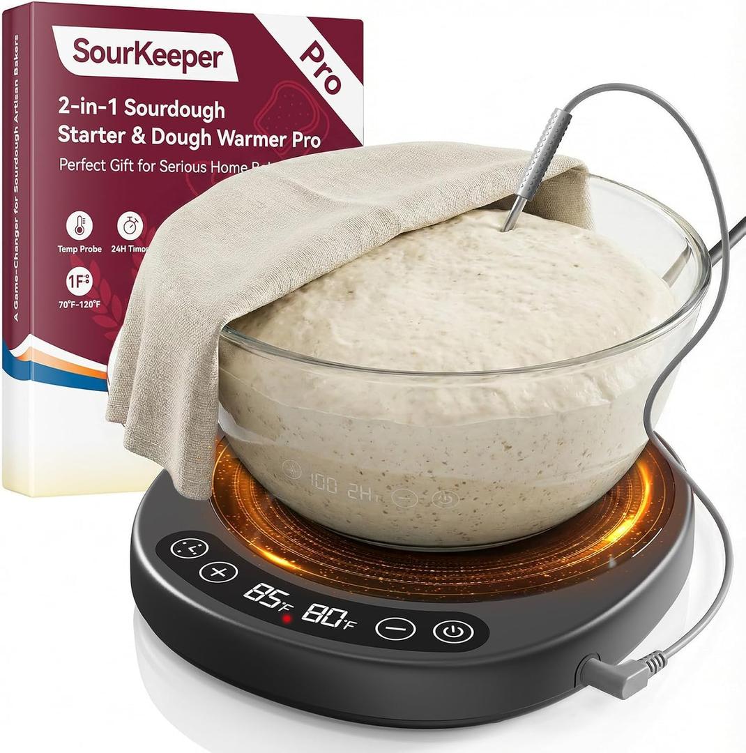 SourKeeper, Larger 2-in-1 Sourdough Starter Warmer Pro - 2026 Upgrade Larger Heating Plate, Dough Temp Probe, 1°F Control (70–110°F), 24H Timer, Real-Time Monitoring, for Beginner Bakers Pro-WHT