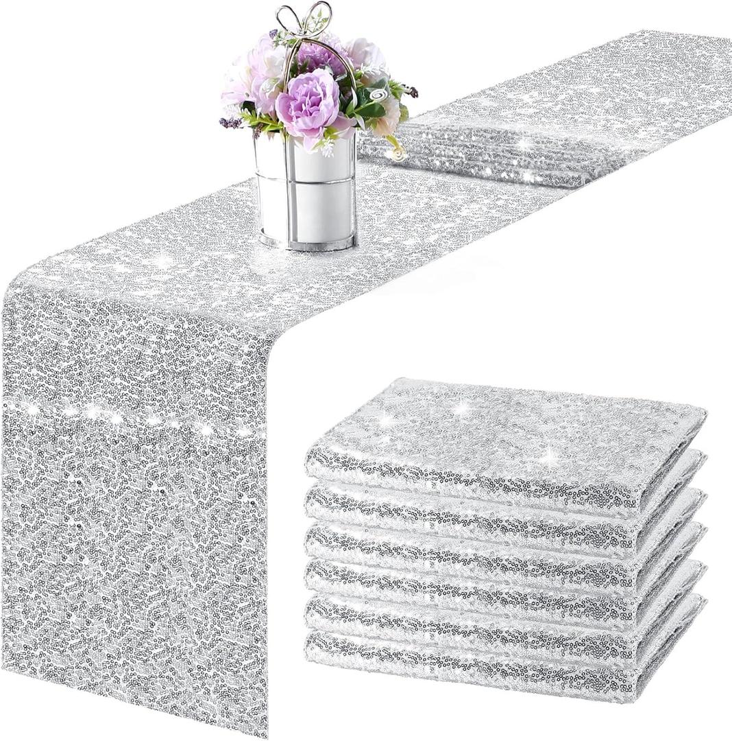 Tegeme 6 Pieces 12 x 108 Inches Sequin Table Runners Glitter Sequin Runner Rectangular Table Runner Cloth for Christmas New Year Birthday Wedding Holiday Party Decorations(Silver)