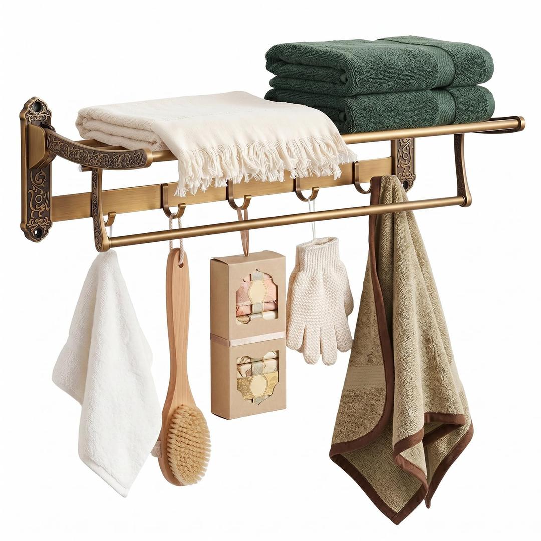 24" 2-Tier Vintage Style Brass Foldable Towel Rack with Hooks