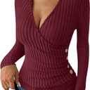 ANRABESS Long Sleeve Shirts for Women Sexy Sweater V Neck Ribbed Knit Slim Fit Wrap Top 2025 Fall Casual Fashion Clothes (Medium, Burgundy)