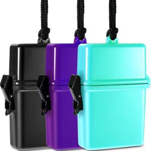 Outus 3 Pieces Waterproof Case ID Card Holder with Floating Sports Case Locker with Hanging Ring and Rope (Black Purple Lake Blue,4.72 x 2.95 x 1.57 Inch)